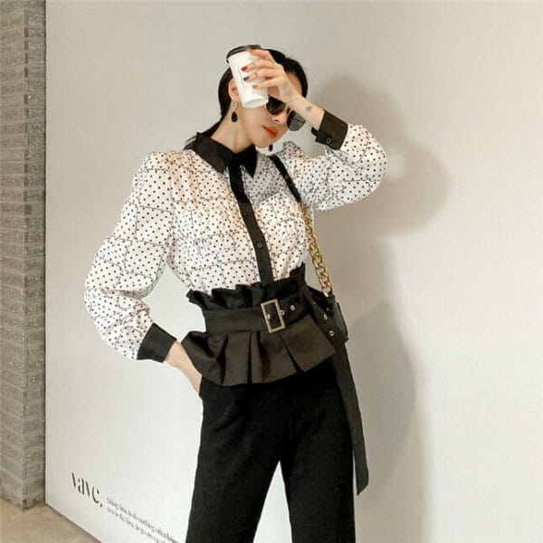 Fashion Lady Dots Loosen Blouse with High Waist Long Pants 3