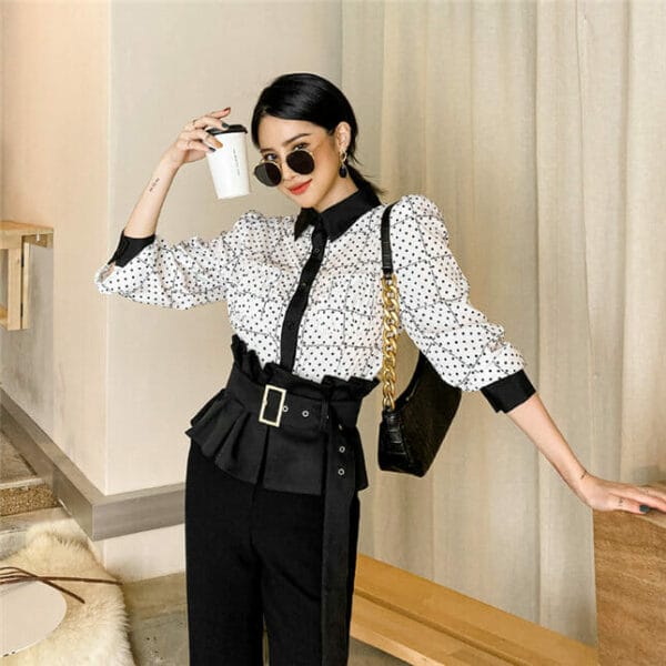 Fashion Lady Dots Loosen Blouse with High Waist Long Pants 2