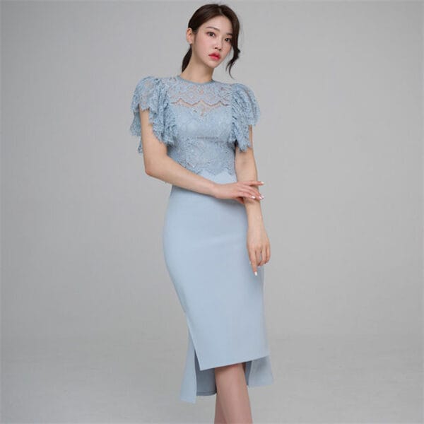 Fashion Lady Flouncing Lace Blouse with Fishtail Slim Dress 4