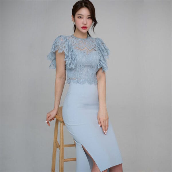 Fashion Lady Flouncing Lace Blouse with Fishtail Slim Dress 3