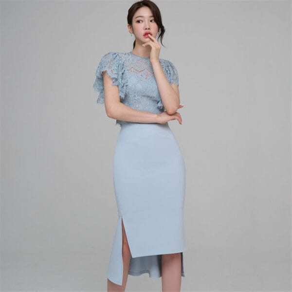 Fashion Lady Flouncing Lace Blouse with Fishtail Slim Dress 2