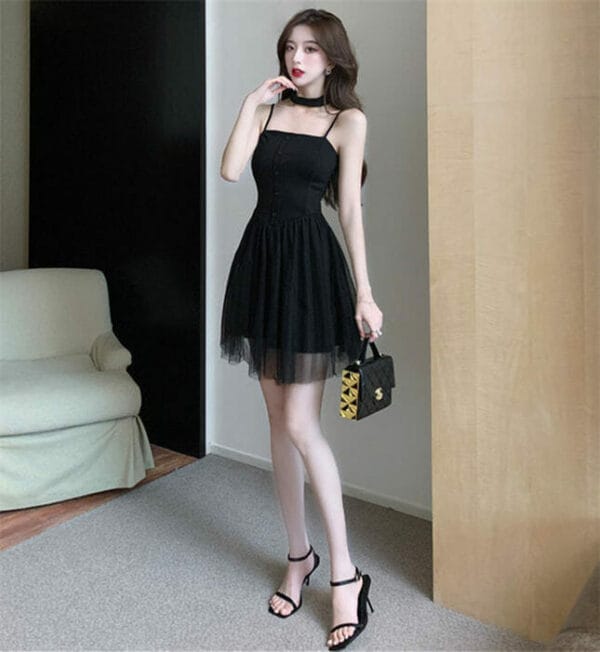 Fashion Lady High Waist Gauze Splicing Fluffy Straps Dress 5