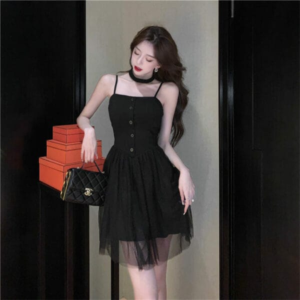 Fashion Lady High Waist Gauze Splicing Fluffy Straps Dress 3