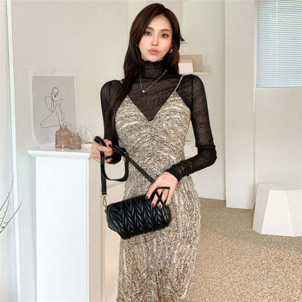 Fashion Lady Lace Blouse with Fishtail Slim Long Dress 3