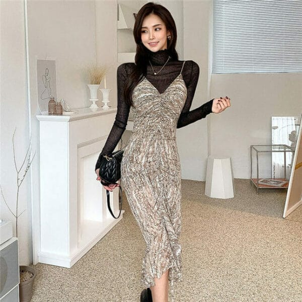 Fashion Lady Lace Blouse with Fishtail Slim Long Dress 2