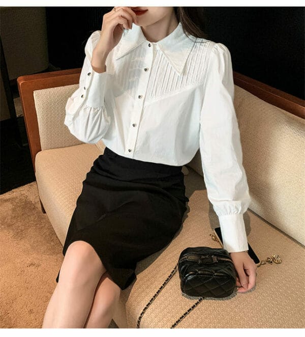 Fashion Lady Pleated Shirt Collar Loosen Long Sleeve Blouse 5