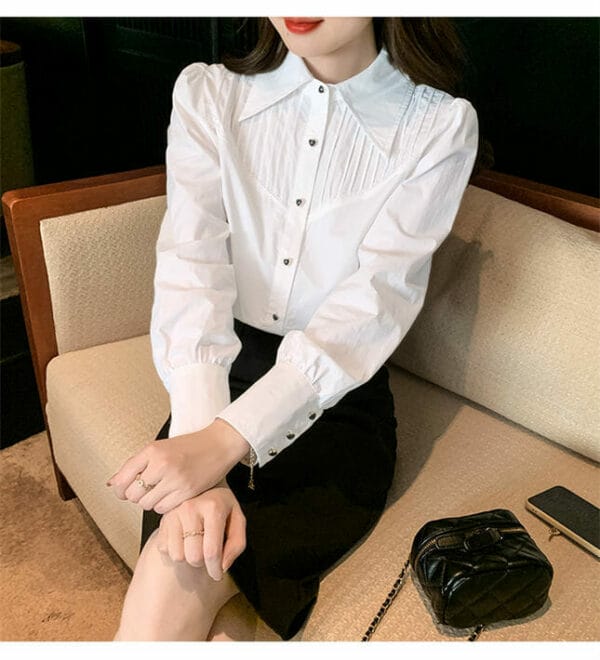 Fashion Lady Pleated Shirt Collar Loosen Long Sleeve Blouse 3