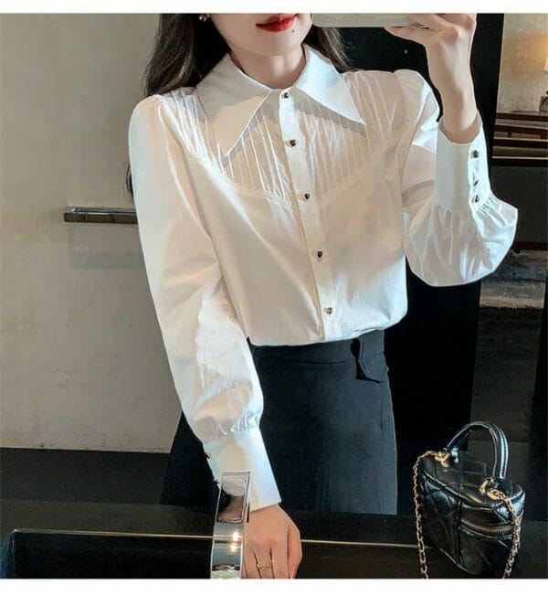Fashion Lady Pleated Shirt Collar Loosen Long Sleeve Blouse 2