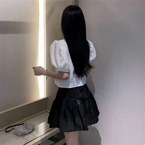 Fashion Lady Puff Sleeve Blouse with Fluffy A-line Skirt 5