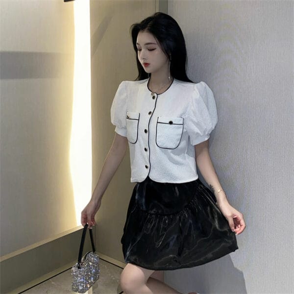 Fashion Lady Puff Sleeve Blouse with Fluffy A-line Skirt 4