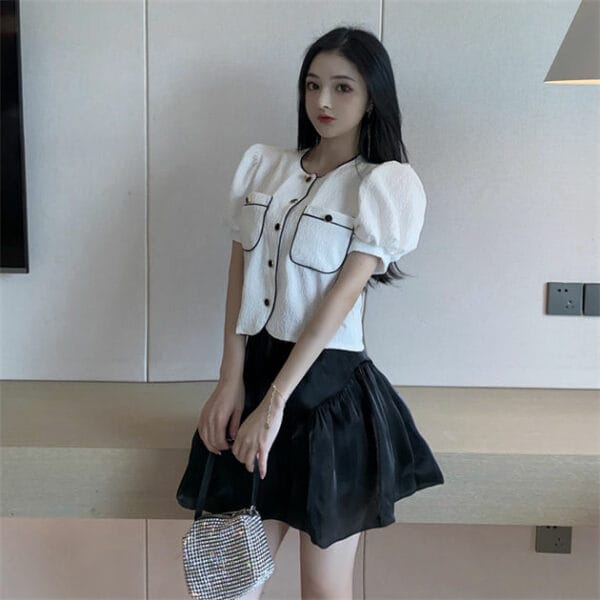 Fashion Lady Puff Sleeve Blouse with Fluffy A-line Skirt 3