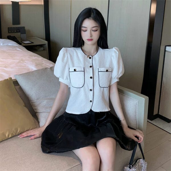 Fashion Lady Puff Sleeve Blouse with Fluffy A-line Skirt 2