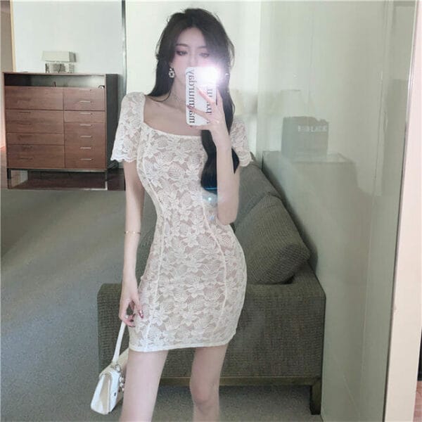 Fashion Lady Square Collar Lace Flowers Short Sleeve Dress 5