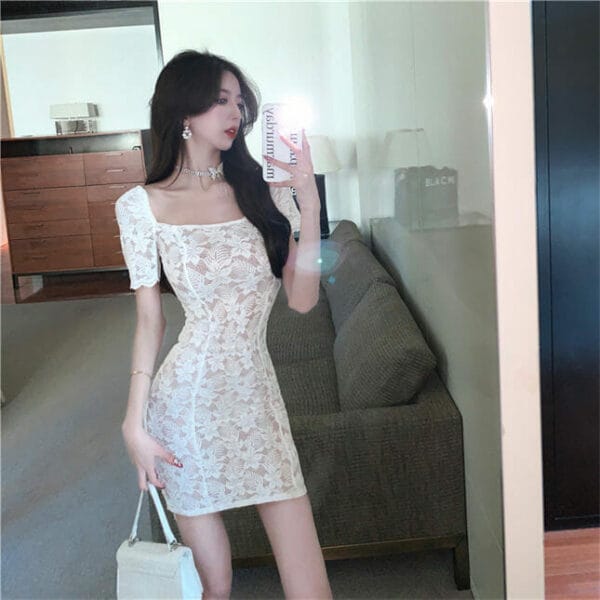 Fashion Lady Square Collar Lace Flowers Short Sleeve Dress 3