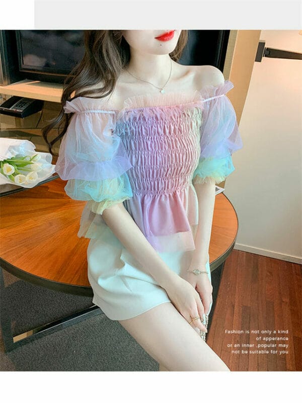 Fashion Lady Stretchable Flouncing Puff Sleeve Rainbow Blouse 5