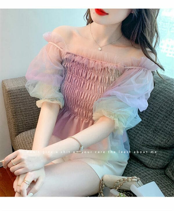 Fashion Lady Stretchable Flouncing Puff Sleeve Rainbow Blouse 4