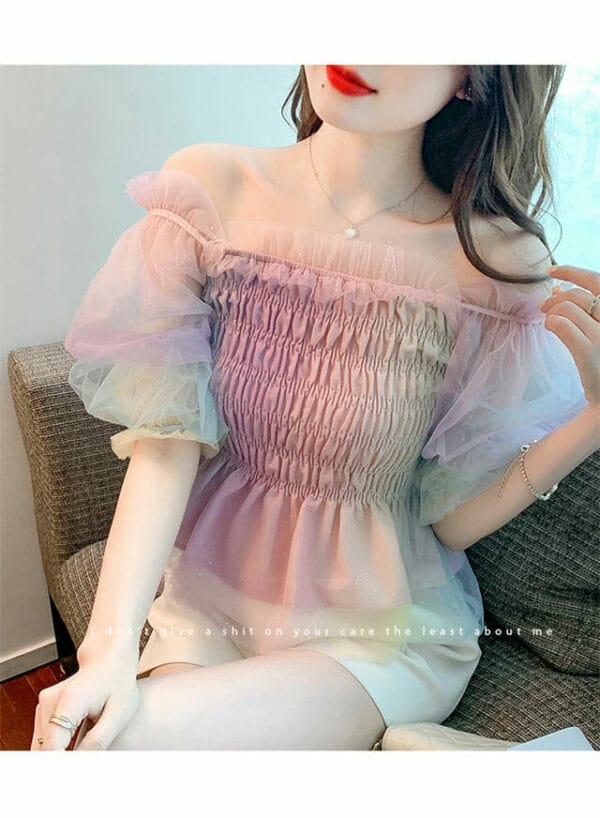 Fashion Lady Stretchable Flouncing Puff Sleeve Rainbow Blouse 3