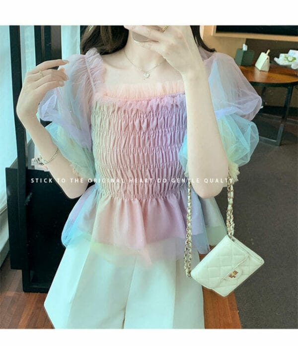 Fashion Lady Stretchable Flouncing Puff Sleeve Rainbow Blouse 2