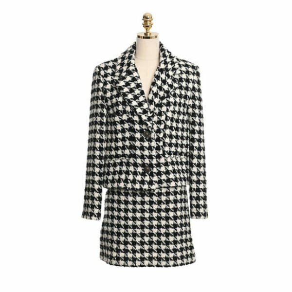 Fashion Lady Tailored Collar Houndstooth Woolen Dress Set 6