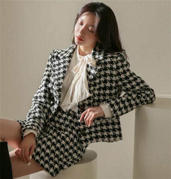 Fashion Lady Tailored Collar Houndstooth Woolen Dress Set 4