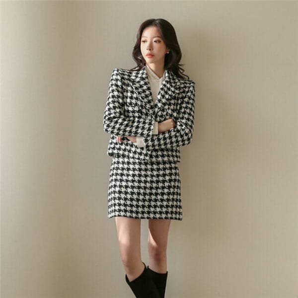 Fashion Lady Tailored Collar Houndstooth Woolen Dress Set 3