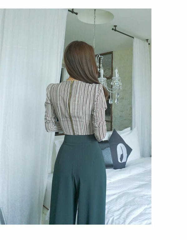 Fashion Low Bust Stripes Blouse with Wide-leg Long Pants 6