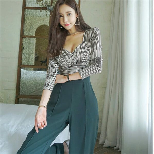 Fashion Low Bust Stripes Blouse with Wide-leg Long Pants 5