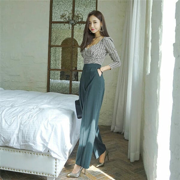 Fashion Low Bust Stripes Blouse with Wide-leg Long Pants 3