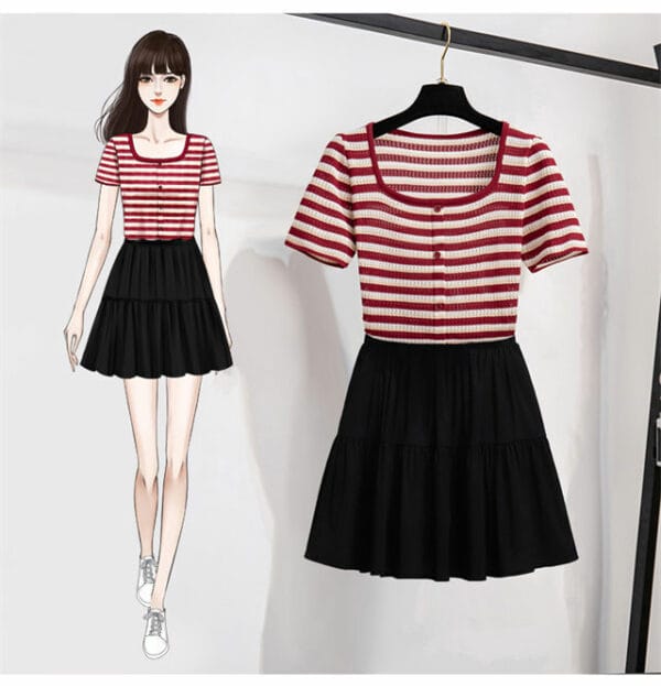 Fashion New 2 Colors Stripes Knit Tops with Pleated Skirt 3