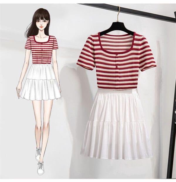 Fashion New 2 Colors Stripes Knit Tops with Pleated Skirt 2