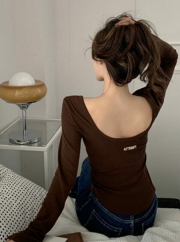 Fashion New 3 Colors Letters Backless Long Sleeve Cotton T-shirt 4