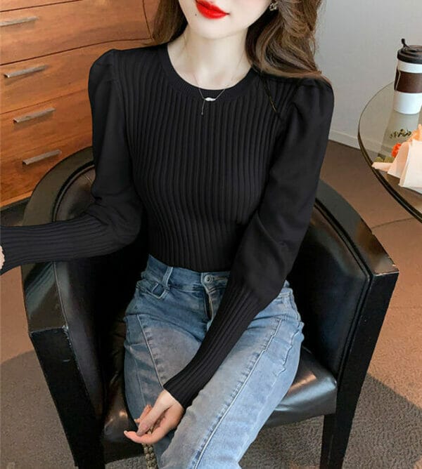 Fashion New 3 Colors Round Neck Puff Sleeve Knitting T-shirt 6