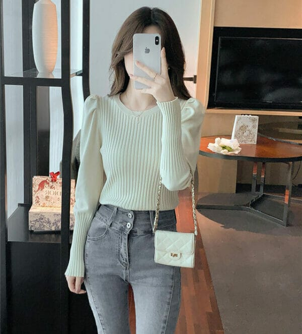 Fashion New 3 Colors Round Neck Puff Sleeve Knitting T-shirt 4