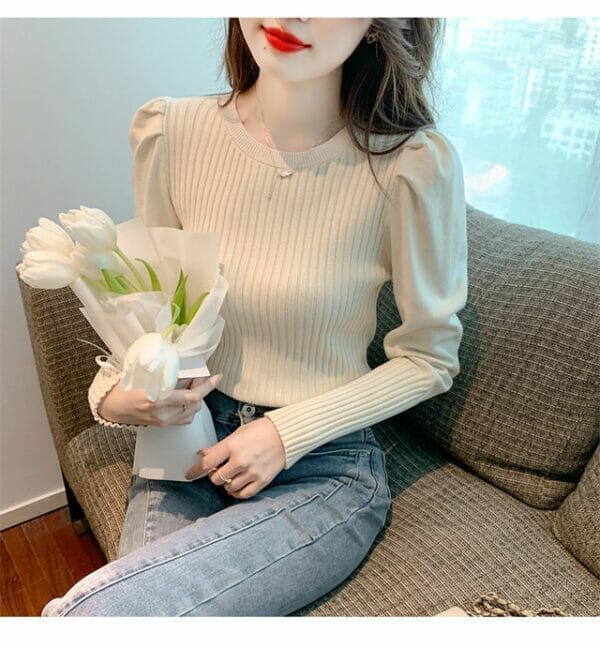 Fashion New 3 Colors Round Neck Puff Sleeve Knitting T-shirt 3