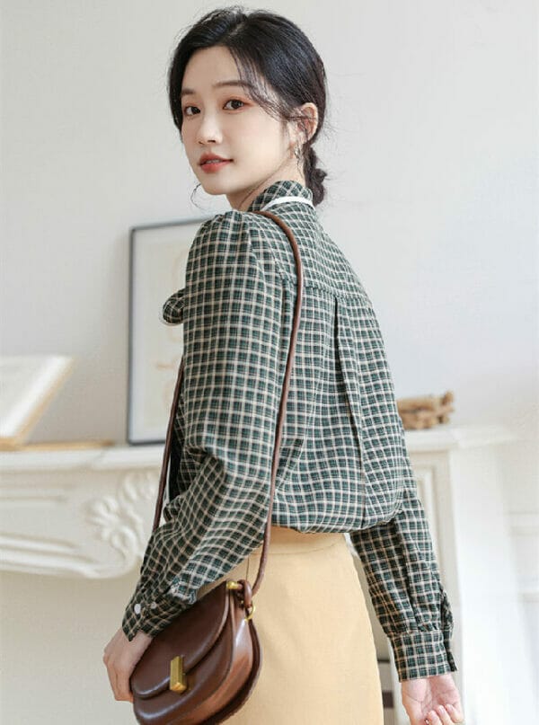 Fashion New Arrive Tie Bowknot Plaids Long Sleeve Blouse 5