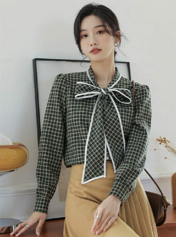 Fashion New Arrive Tie Bowknot Plaids Long Sleeve Blouse 4