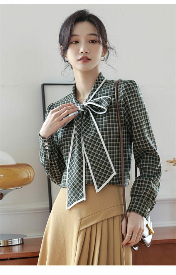 Fashion New Arrive Tie Bowknot Plaids Long Sleeve Blouse 3