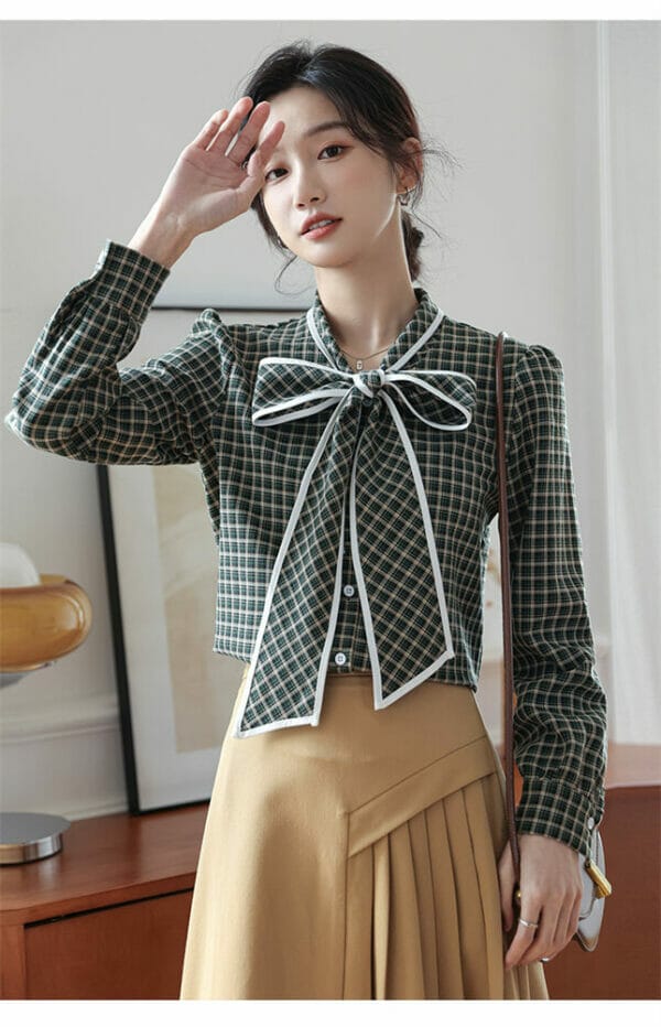 Fashion New Arrive Tie Bowknot Plaids Long Sleeve Blouse 2