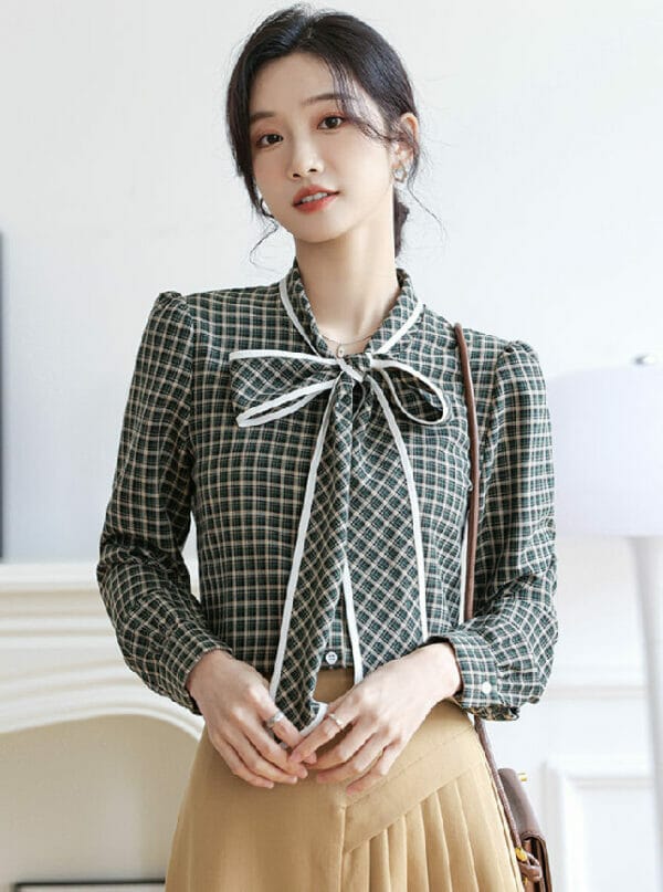 Fashion New Arrive Tie Bowknot Plaids Long Sleeve Blouse 1