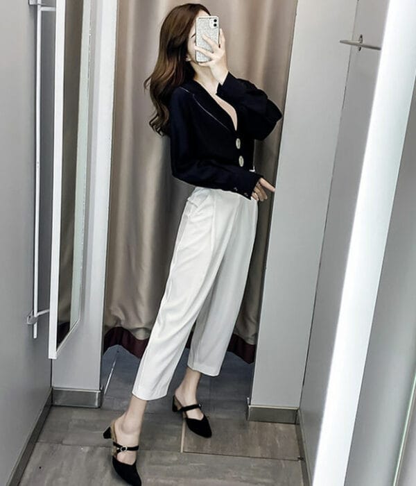 Fashion New Buttons V-neck Blouse High Waist Long Suits 2