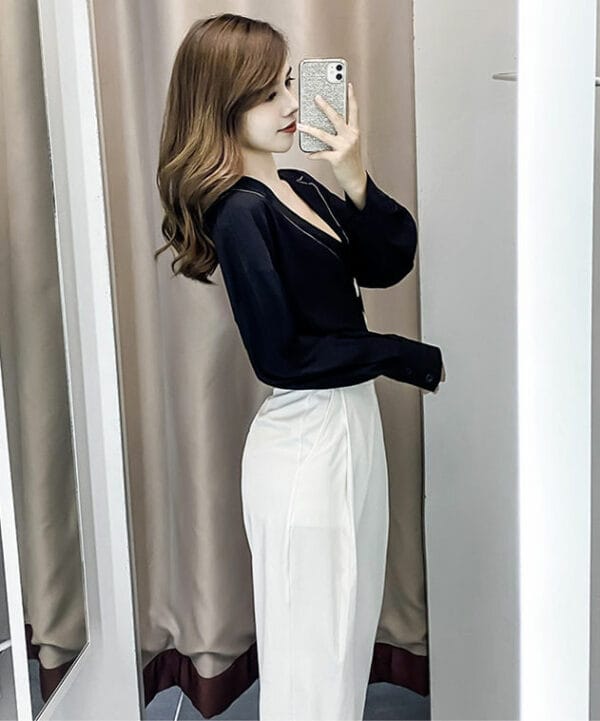 Fashion New Buttons V-neck Blouse High Waist Long Suits 4