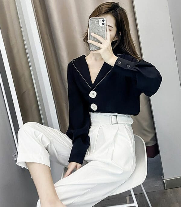 Fashion New Buttons V-neck Blouse High Waist Long Suits 5