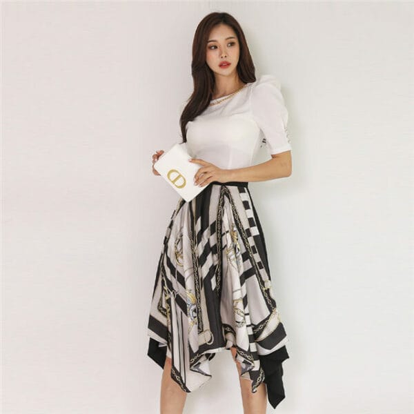 Fashion New Chain Collar Puff Sleeve Printings Dress Set 4