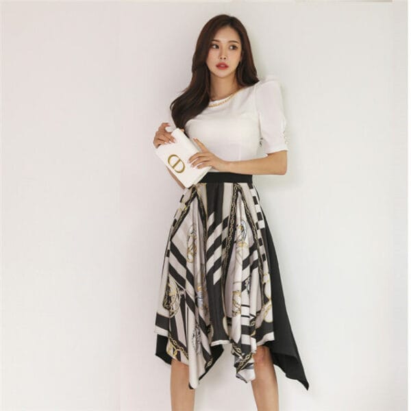 Fashion New Chain Collar Puff Sleeve Printings Dress Set 3