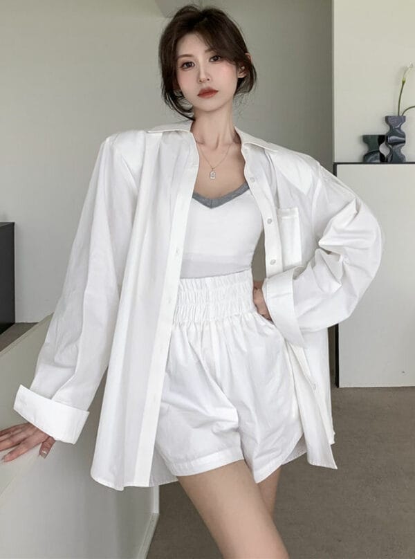 Fashion New Loosen Long Blouse with Wide-leg Short Pants 1