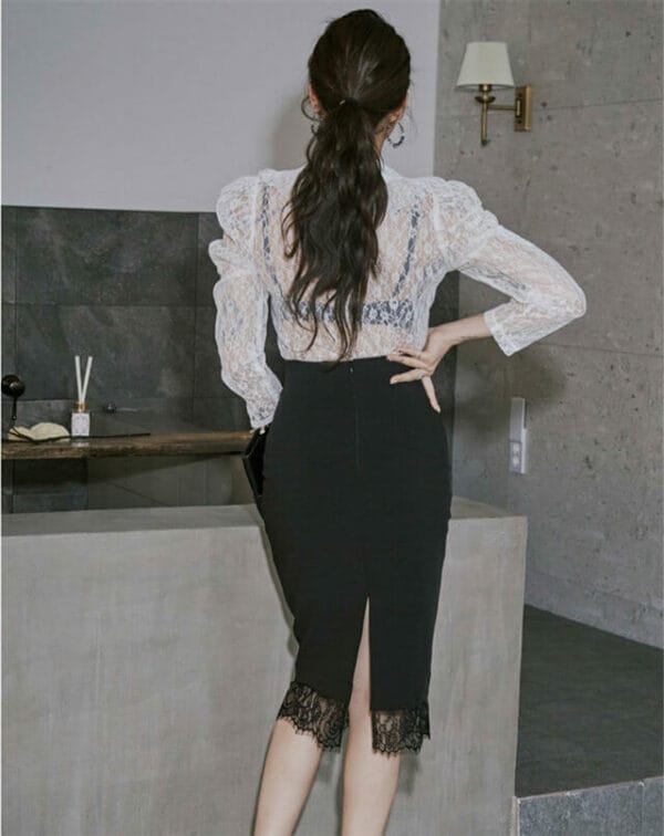 Fashion New Transparent Lace Blouse with Skinny Midi Skirt 5