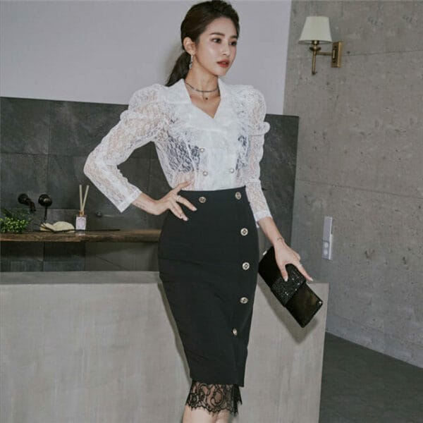 Fashion New Transparent Lace Blouse with Skinny Midi Skirt 4