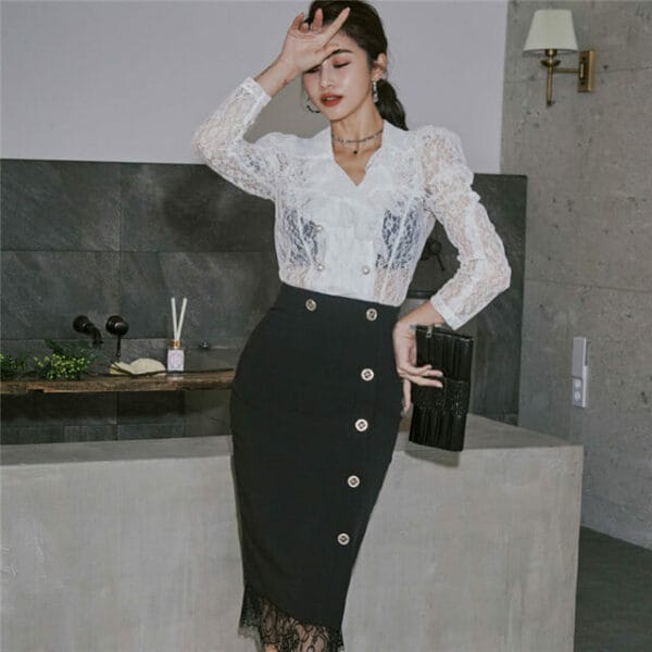 Fashion New Transparent Lace Blouse with Skinny Midi Skirt 2