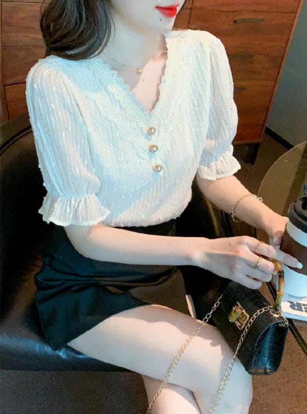 Fashion OL Buttons Lace V-neck Short Flare Sleeve Blouse 5