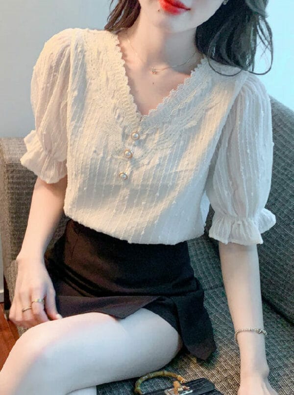 Fashion OL Buttons Lace V-neck Short Flare Sleeve Blouse 3
